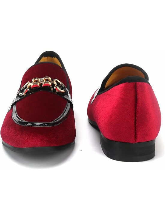 XQWFH Men\'s Red Velvet Penny Loafer Gold Chain Buckle Slip On Flats Forma Shoes main image 4